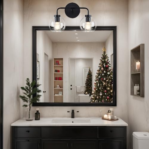 Image of Modern Matte Black Double Glass Globe Wall Sconce, 17 X 7 Inch Vanity Light Over Mirror, Bathroom Light Fixture with Matte Black Metal Canopy