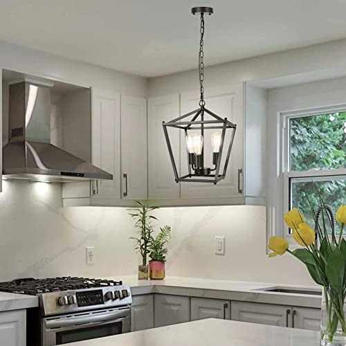 Unicozin Black Lantern Pendant Light, 3 Lights Farmhouse Chandelier Fixture With Metal Cage, Adjustable Height Industrial Hanging Lights E26 Base For Kitchen Island, Bedroom, Entryway, Foyer #TOP1