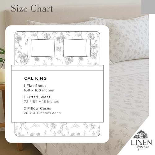 Image of Linen Home 100% Cotton Printed Percale Sheet Set California King - 4 Piece Deep Pocket Floral Bedding, Crisp Cool & Breathable, Fade-Resistant Design, Hotel Luxury, Long-Staple Cotton. Grey Botanical