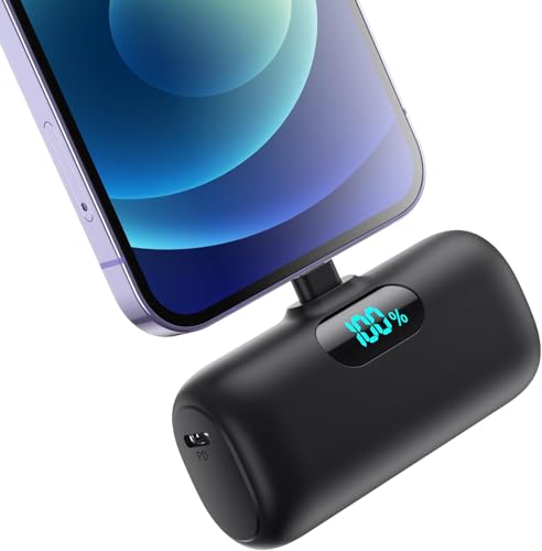 Mini Bateria Externa para iPhone, 5000mAh Power Bank 15W PD Carga Rapida Cargador Portátil Ultra Compacto Powerbank con Pantalla LED Compatible con iPhone 14/13/12/11/XS/8/7 y Más