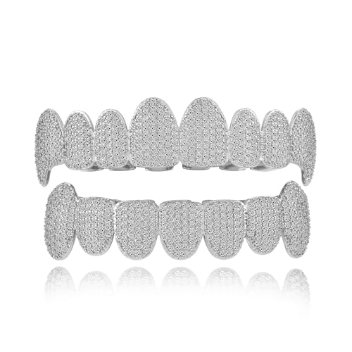 Grills for Your Teeth - 14K Gold Plated Hip Hop Diamond Fang Grillz for Women - Mens Vampire Grillz with CZ - Unisex Halloween Costume Accessory