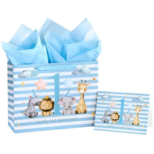WRAPAHOLIC 13" Large 1st Birthday Gift Bag with Card and Tissue Paper - Blue Adorable Animal and Happy 1st Birthday Lettering Design for Baby Boy, Birthday, Party