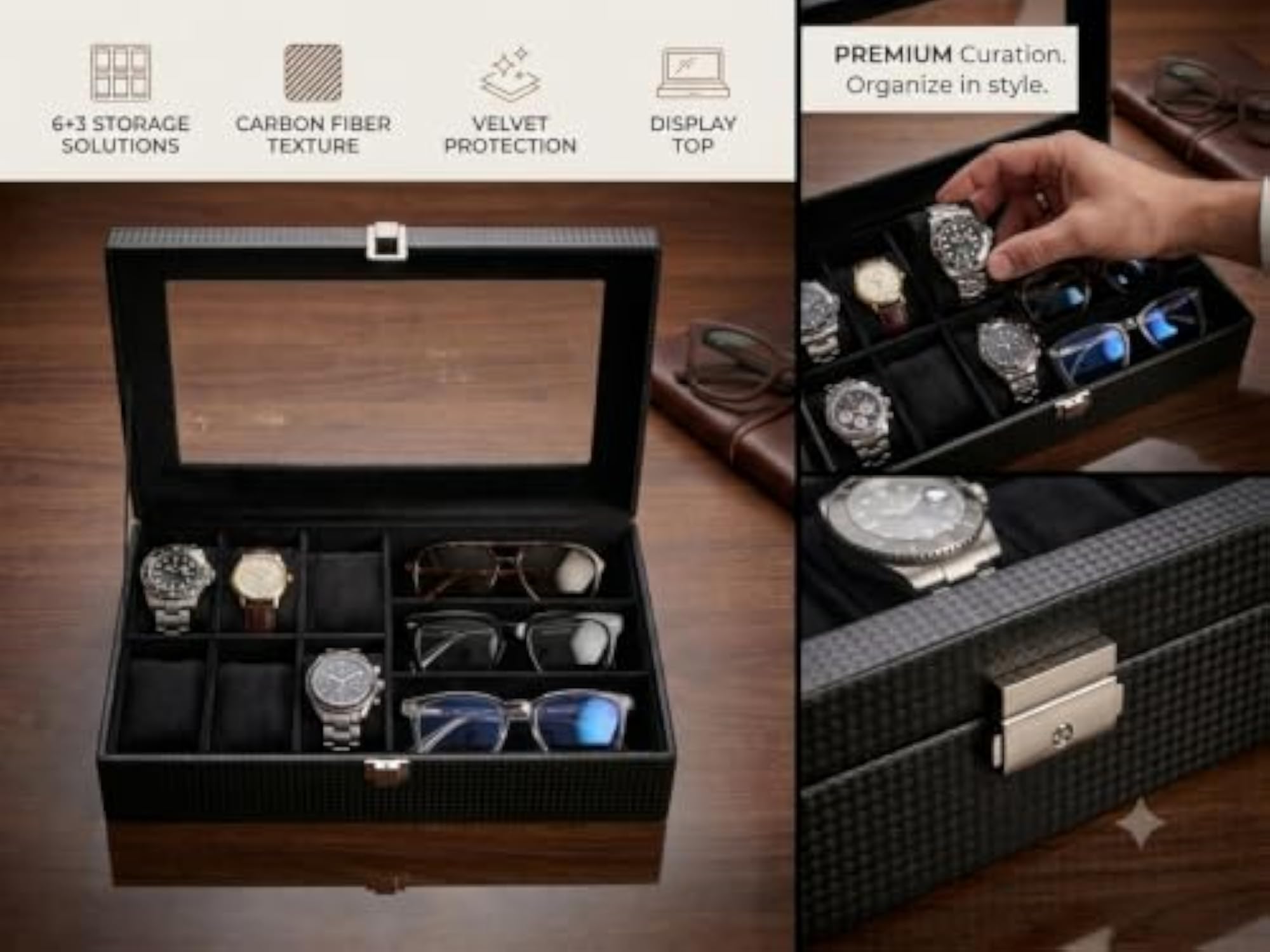 Faux Leather Watch Organiser Box with 9 Slots