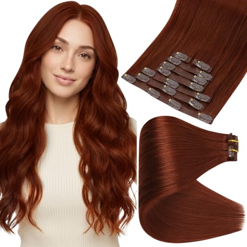 Image of Full Shine Seamless Clip in Hair Extensions Human Hair, Copper Mahogany | 24 Inch 120g 8 Pcs, PU Skin Invisible Weft, Ultra-Long Full Volume for Luxury Long Hair Styling, Adds Thickness, Secure Hold