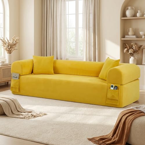 Compressed Boneless Couch 83 No Assembly Needed Floor Sofa Corduroy Small Couch for Living Room with 2 Pillows & Storage Bag Memory Foam Cloud Sofa for Office Apartment Yellow