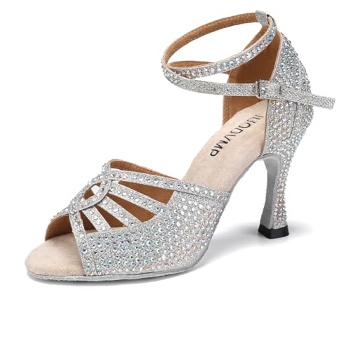 Image of JUODVMP Women's Latin Dance Shoes Rhinestones Satin Ballroom Dancing Shoes Salsa Professional Dance Shoes