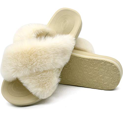 Coface Womens Fuzzy Slides Fluffy Fax Fur Cross Slippers Open Toe Yoga Mat House Slippers Sandals With Arch Support For Indoor/Outdoor #TOP4