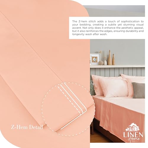 Image of Linen Home 100% Cotton Percale Sheets Twin Size,Tropical Peach, Deep Pocket, 3 Pieces Set - 1 Flat, 1 Deep Pocket Fitted Sheet and 1 Pillowcase, Crisp Cool and Strong Bed Linen