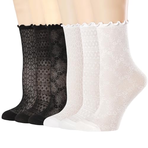 Mcool Mary Women's Ruffle Socks Mesh Cool Casual Lace Cotton Crew Summer Ultra Thin Frilly Ankle Socks for Women 6 Pairs