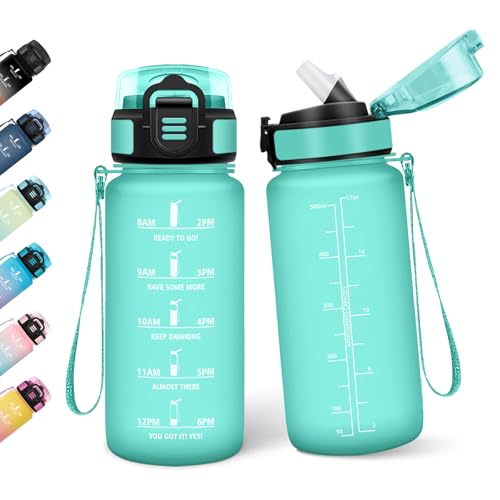 Botella Agua Niños, 500ML Con Paja, Cantimplora Infantil, Botella de Agua Motivacional con Marcador de Tiempo, A Prueba de Fugas para Escuela - Azul&verde