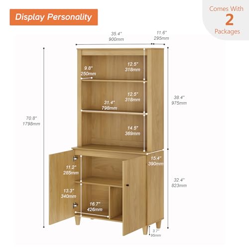 Image of WAMPAT 71 inch Tall Bookcase with Doors & Storage Cabinet, Modern 5-Tier Bookshelf with Adjustable Shelf, Floor Standing Wooden Display Book Shelf for Home Office, Living Room, Bedroom, Oak