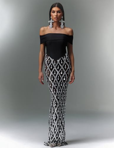 BELLA BARNETT Glamorous Black Off Shoulder Sequin Dress Embellished Mesh Mermaid Formal Galas2