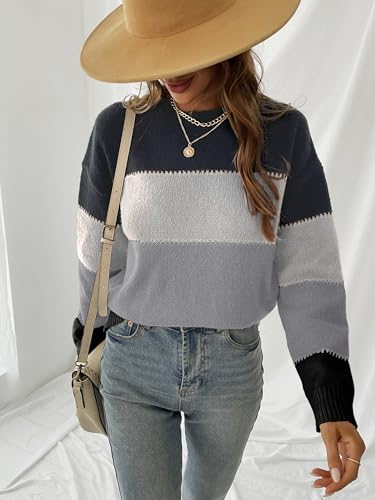 CUPSHE Women's Striped Color Block Sweater Long Sleeve Crewneck Lightweight Pullover Sweater Tops3