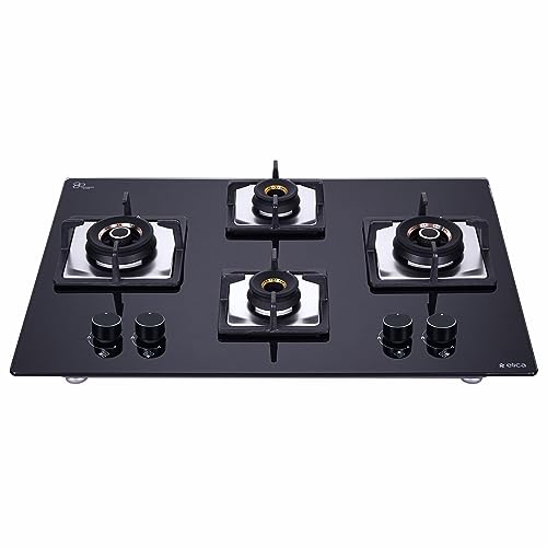 Elica Hob/Hobtop 4 Burner Auto Ignition Glass Top - 2 Large and 2 Small Brass Burner Gas Stove (Flexi AB Hct 470 Dx) | Built-in + Free Standing