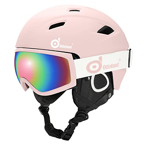 Odoland Kit de Casque de Ski avec Lunettes de Ski, Casque de Snowboard pour Hommes Femmes Adolescents Enfants, Casque de Ski réglable et Protection UV400 Lunettes de Ski Blanc S（52-55CM）