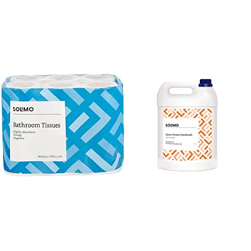 Image of Amazon Brand - Solimo 3 Ply Toilet Paper /Tissue Roll - 12 Rolls (160 Pulls Per Roll) & Amazon Brand - Solimo Germ-Protect Handwash Liquid, 5 Litre