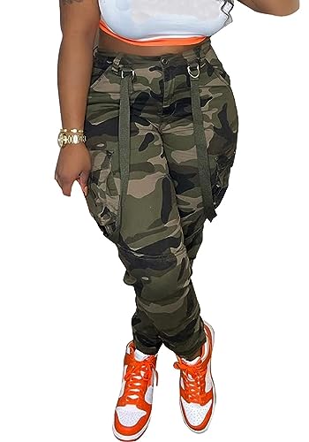 Vakkest Womens Camo Cargo Pants Army Fatigue Jogger Camouflage High Waist Trouser Clubwear Y2K Sweatpants with Belt
