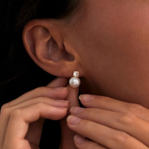 Fezgoat Pearl Earrings for Women-Dainty 14k Real Gold Plated Pearl Sterling Silver Post Trendy Diamond Stud Drop Earrings Bridal Wedding Jewelry4