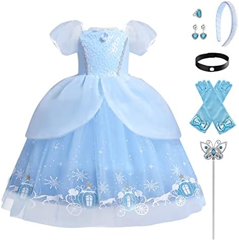 Cinderella Dresses for Girls Kids Little Princess Dress Up Clothes Butterfly Tulle Long Ball Gown+Accessories Fairy Birthday Party Halloween Christmas Carnival Cosplay Fancy Costume 3#Blue 6-7 Years