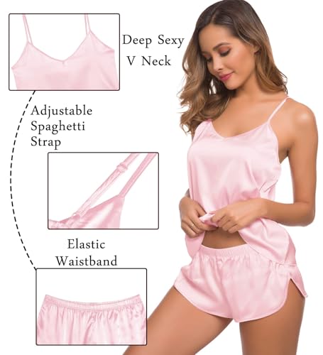 Image of SWOMOG Womens Silk Satin Pajamas Sets 4pcs Sleepwear Sexy Cami Shorts Set and Button Down Short Sleeve Pjs Loungewear