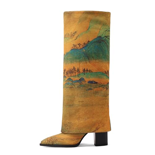 Limited‑Edition Fabric Landscape Print Cowboy Boots 9 cm Block Heel – Perfect for Country Concerts - Main Image
