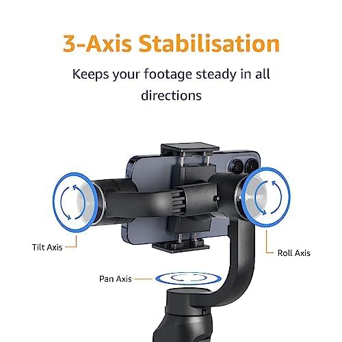 Image of Amazon Basics Handheld Gimbal Stabiliser with 3-Axis Feature and Tripod, Facial Tracking, Time Lapse, FPV, Up to 12 Hours Operational Time, Compatible with All Smart Phones (Dark Grey)
