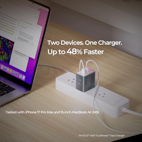 Image of 45W GaN Charger, Up to 48% Faster Two-Device Charging, Sustained 45W Dual USB-C Output, Foldable Plug with 360 RGB Status Light & One-Tap Control, for MacBook Air, iPhone 17 /16 /15, iPad