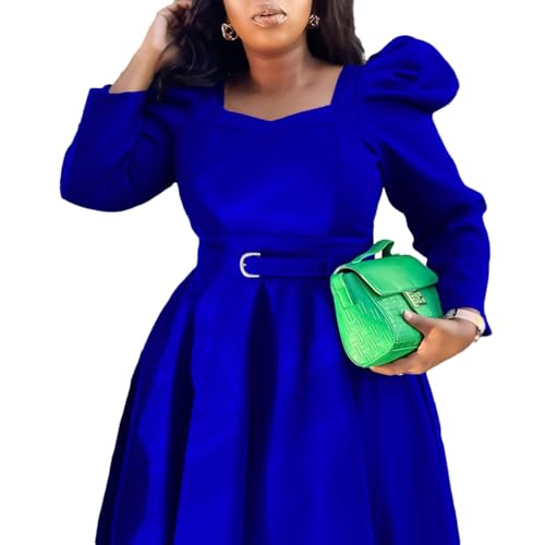 Women's Elegant Puff Sleeve Belted Dress Plus Size Square Neck Long Sleeve High Waist Dress Commuting Office Business (Color : Blue, Size : Medium)2
