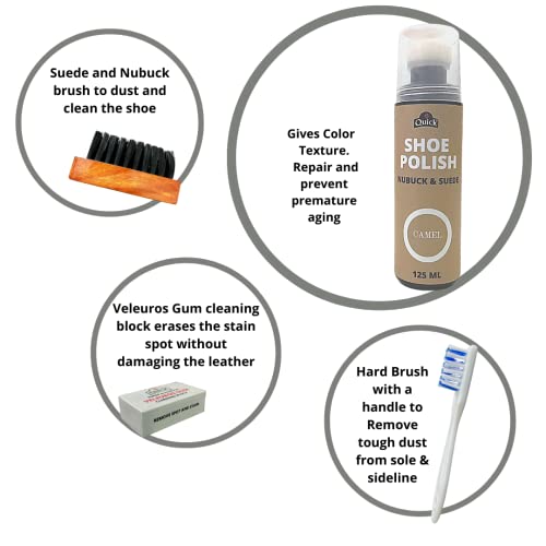 Quick Nubuck and Suede Shoe Polish and Shoe Care Kit | Color - Camel | Pack of 125 ML Shoe Polish Renovator, Handled Brush, Suede Wooden Brush and Cleaning Block. Complete Renovator Kit