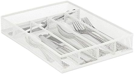 Relaxdays Metal Cutlery Tray, 5 Compartments, Mesh Design, 5.5 x 23.5 x 32 cm, Kitchen Drawer Insert, Organiser, White