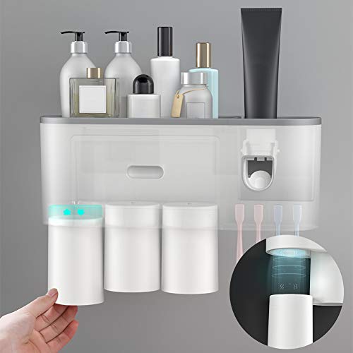 ROOHUA Wall Mounted Toothbrush Holder with Magnetic Cup and Automatic Toothpaste Dispenser Set. Suspension Rack with Storage Drawer .Suitable for Family Bathroom - no Drilling Studs (Grey, 2 Cups)