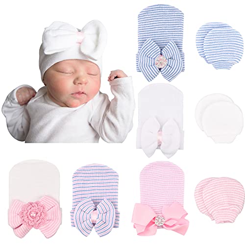 Image of DRESHOW BQUBO Newborn Baby Caps Mittens for Baby Girls Set Hospital Hat Beanie Infant Hats with Bow Baby Scratch Mitten Gloves