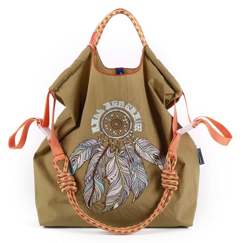 Image of Ball&Chain Embroidery Initial Nylon Tote Bag,Personalized Present Suitable for Travel,Beach,is a Great Gift Women, Mom (Khaki, Large)
