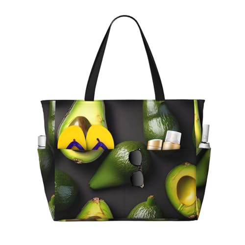 Avocado Fruit Pattern Print Beach Tote Bag Waterproof Large Bags With Zipper Big Capacity For Vacation Travel