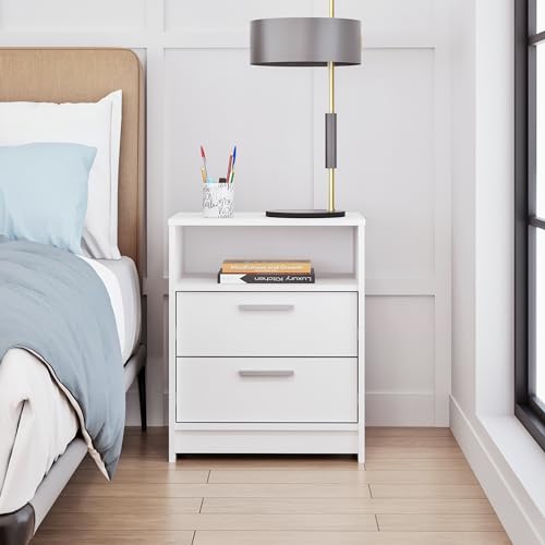 Image of Prepac Studio Essentials Nightstand Bedside Table, White Nightstand for Bedroom, End Table with 2 Drawers and Open Shelf 16 inch D X 21.25 inch W x 26.25 inch H