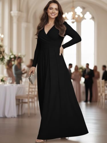 Image of KOH KOH Womens Long Sleeve V-Neck Flowy Modest Elegant Evening Maxi Dress