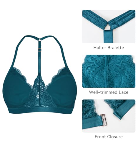Image of SHEKINI Women's Lace Bra Wireless Padded Triangle Bralettes for Women Front Closure Halter Bras for Women