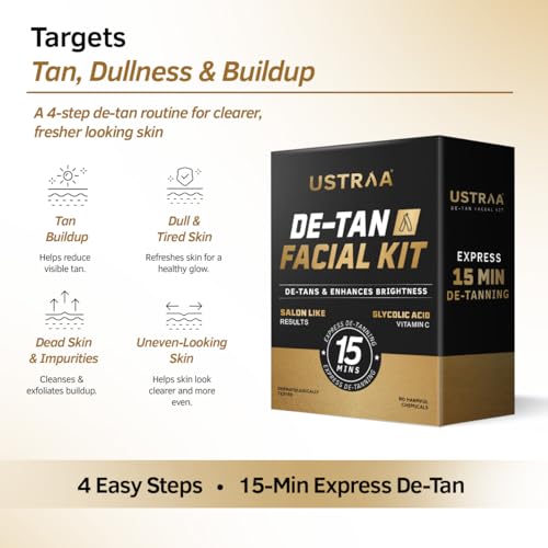 Image of Ustraa De-Tan Facial Kit for Men - 40g | 15 Min Express De-Tanning Facial | Brightens Skin & Removes Tan | Glycolic Acid, Vitamin C & Activated Charcoal | Salon-Like Glow at Home