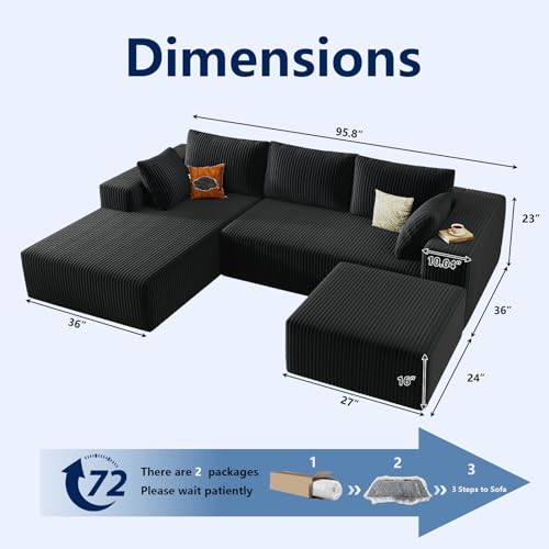 Image of 96 inch Modular Sectional Sofa with Ottoman, Modern Corduroy Cloud Couch with Deep Seat, Boneless Couch Upholstered 3-Seater U-Shaped Sofa for Living Room, No Assembly (Black, Left-Facing Chaise)