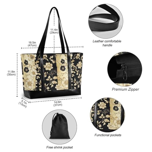 Vintage Flower Pattern Gold and Black essentials womens laptop tote bags with zipper work tote for work with diaper bolsa para laptop mujer4