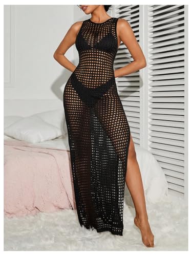 Verdusa Womens Crochet Dress Cover Ups Hollow Out Sleeveless Beach Split Knit Maxi Dresses4