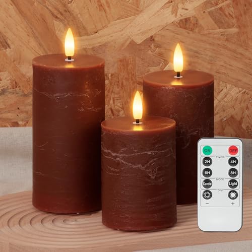 Image of Brown Flameless Pillar Candles with Remote, Real Wax Flickering Battery Operated Candles, LED Decorative Candles for Home Decor, Table, Fireplace Mantle, Set of 3