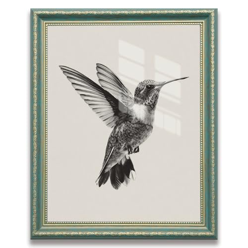 Green Frame Black and White Hummingbird Wall Art Canvas Print,