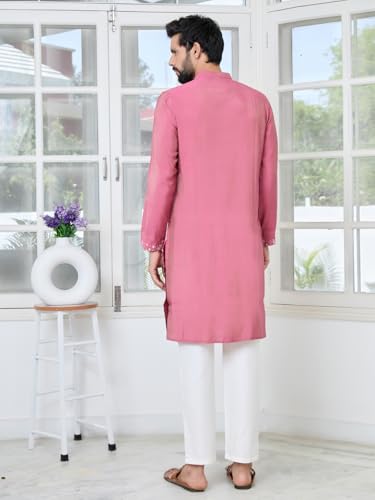 Image of See Designs Men's Full Sleeve Mandarin Collar Floral Embroidered Mandarin Collar Thread Work Straight Long Kurta - Festive Collection