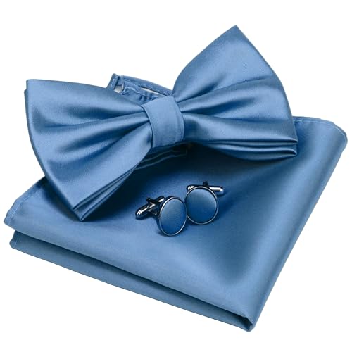 GUSLESON Mens Dusty Blue Wedding Bow Tie Set Pre-tied Bowtie and Pocket Square Cufflink (0570-35)