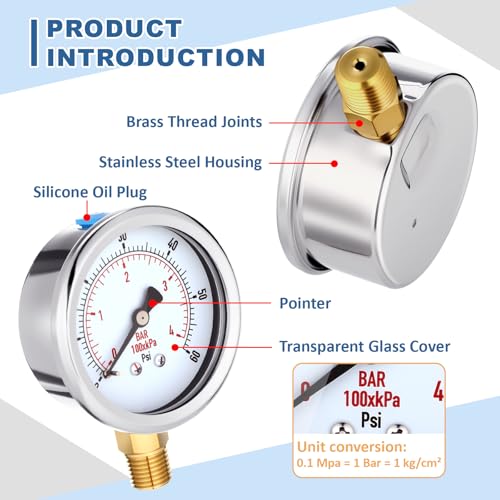 Image of Flutesan 6 Pcs 0-60psi Low Pressure Gauge 2.5 inch Face Dial Size 1 /4 NPT Lower Mount Waterproof Pressure Gauge with Stainless Steel Case for Pool Water Pump Tire Water Oil Air