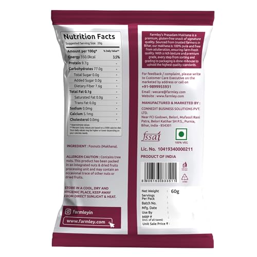 Image of Farmley Prasadam Makhana | Fit for Fasting | Foxnuts, Lotus Puffs | Rich in Calcium, Maintains Weight, Healthy Snacks (60 g (Pack of 1))
