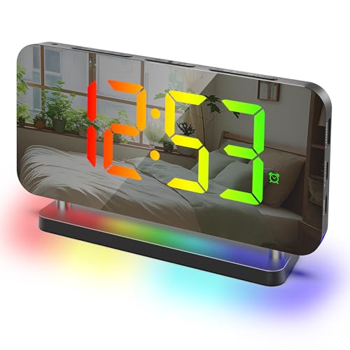 TAKRINK RGB Despertador Digital Reloj Despertador LED 11 Colores Reloj de Mesa Nocturna 10 Colores Despertador de Espejo 6 Brillos Snooze 5 Nivle Volúmenes Carga USB C para Hogar Oficina Dormitori