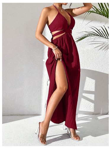 Image of SHENHE Women's Sexy Cut Out Tie Backless Halter Deep V Split Thigh Party Night Maxi Dress