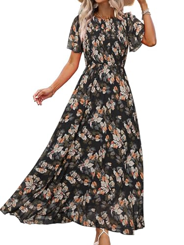 Image of Simplee Womens Casual Floral Summer Maxi Dress 2026 Boho Flowy Short Sleeve Crew Neck Vacation Smocked Chiffon Dresses